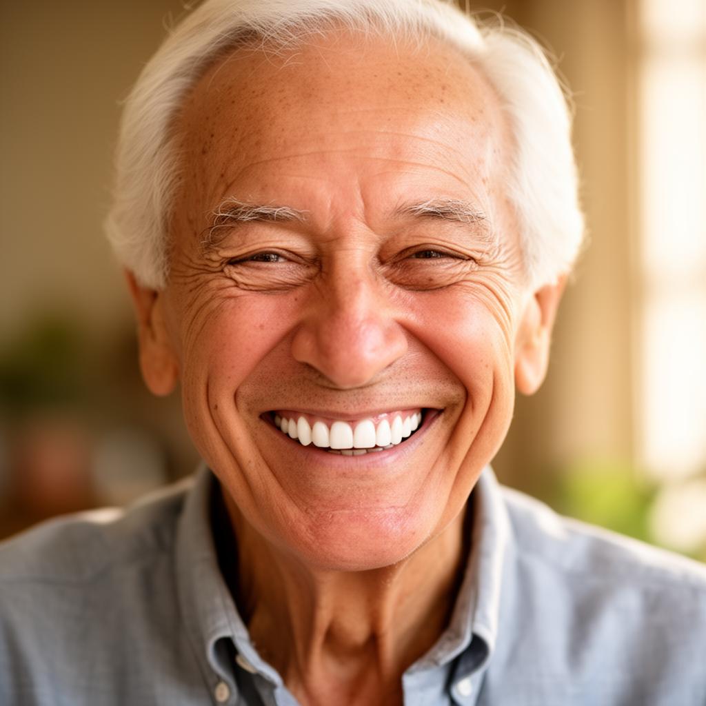 Idoso sorrindo com dentes perfeitos — Clínica Mais Saúde